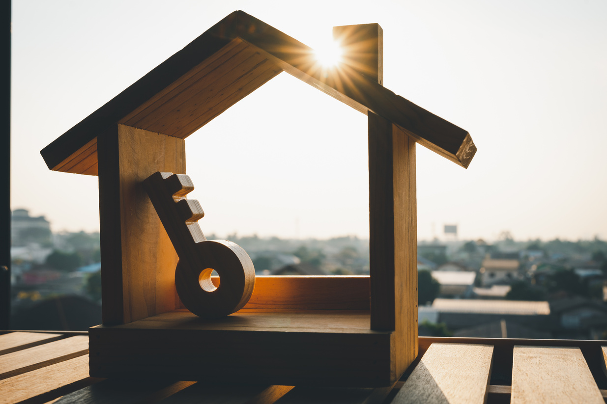 House model and key. Real estate agent offer house, property insurance and security, affordable housing concepts